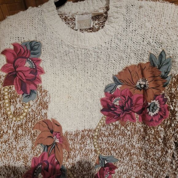 needle & yarn Cream Brown Mauve Burgundy Marled Cottage knitted sweater flower M - Picture 2 of 7